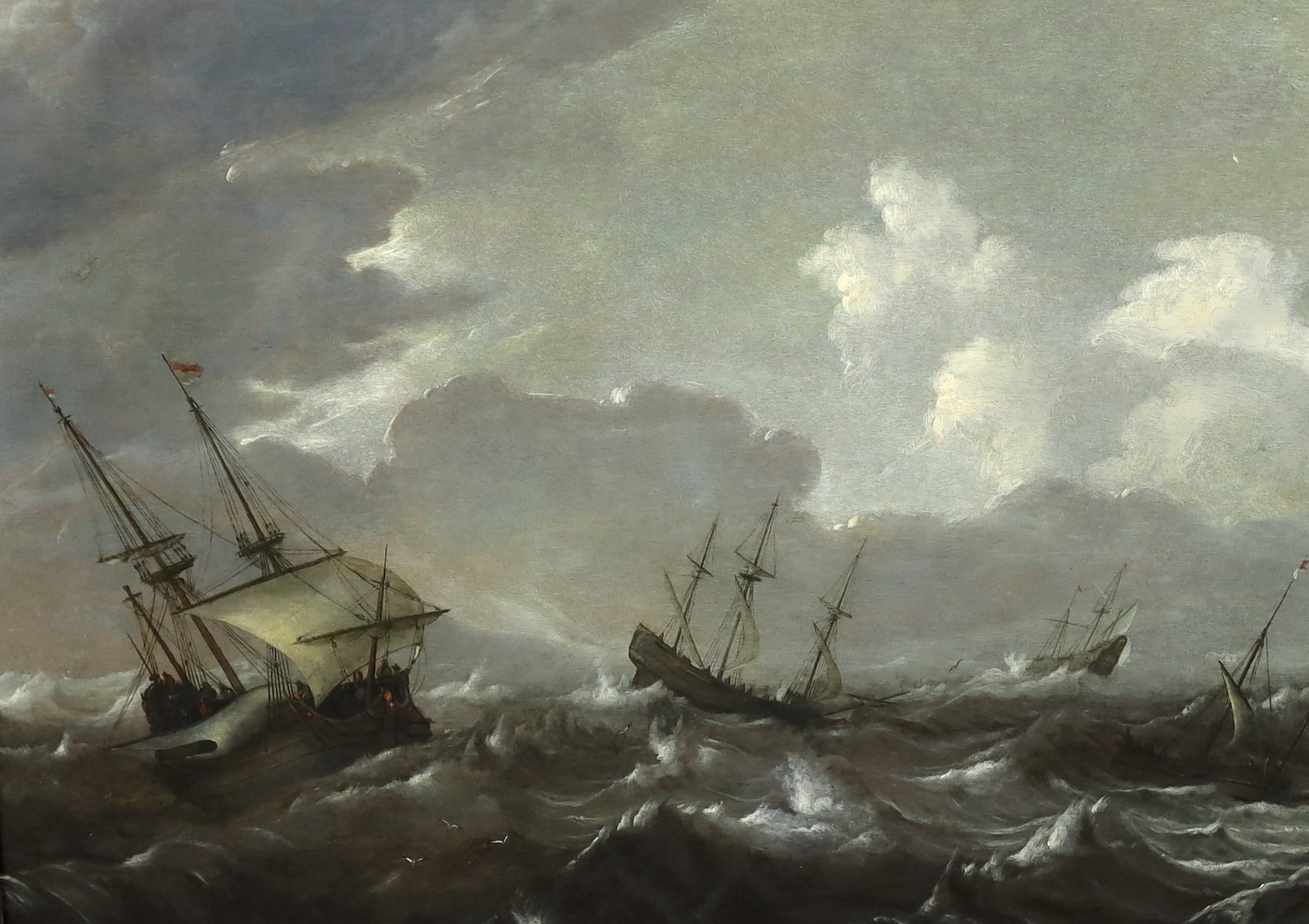 Circle of Jan Porcellis (Dutch, 1584-1632), Shipping at sea in a gale, oil on panel, 44 x 59cm, Please note this lot attracts an additional import tax of 5% on the hammer price